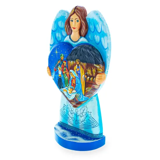 Angel Holding Heart w/ Nativity Scene Ukrainian Hand Carved Solid Wood Figurine 10 Inches {3}