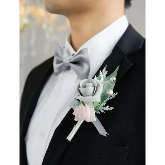 Boutonniere Set of 6 for Groom & Groomsmen Gray & dusty rose {5}
