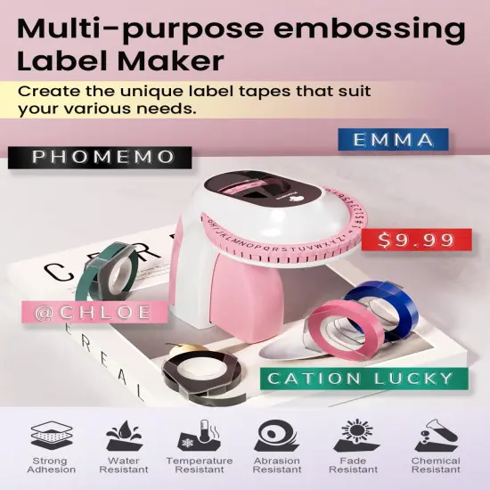 Embossing Label Maker Machine with 6 Tapes, 3D Vintage Embossed Label Maker Writer, Handheld Old School Label Maker with 6 Rolls Embossing Tapes for Office Home Organization and DIY -Pink {5}