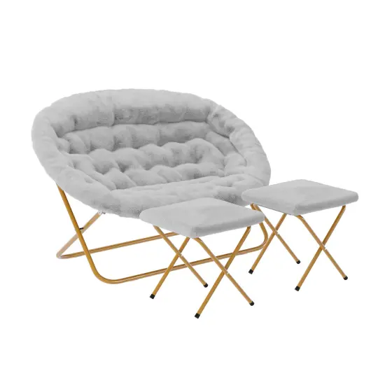 Emma and Oliver Janey Folding Double Saucer Chair with 2 Ottomans and Steel Frame for Dorm or Bedroom GrayFabric/SoftGold {2}