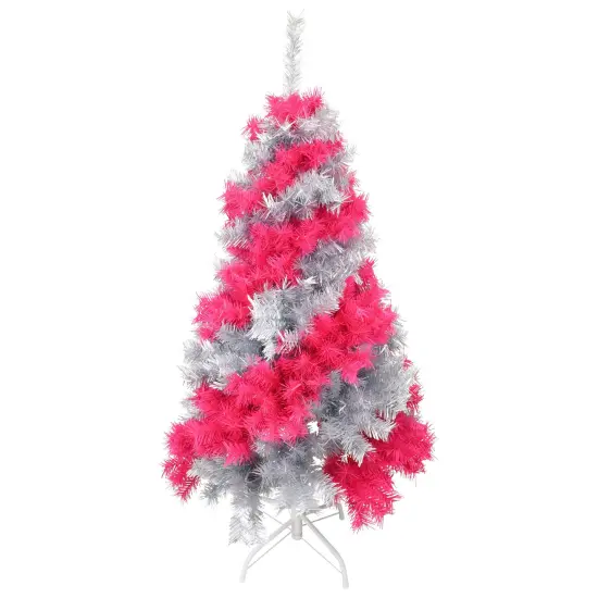 Tree Buddees Pink and Silver Swirl Colored Artificial Christmas Tree - 4 Foot With White LED Lights {3}