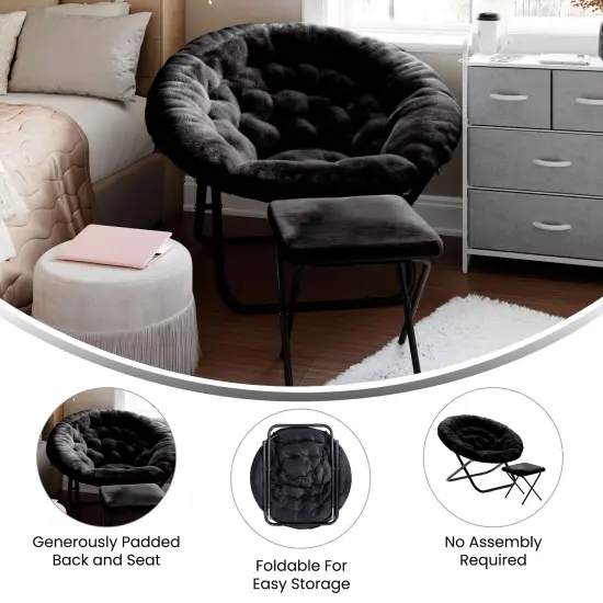 Emma and Oliver Ersa Oversize Folding Saucer Moon Chair and Ottoman for Dorm and Bedroom with Steel Frames BlackFab/BlackFrame {3}
