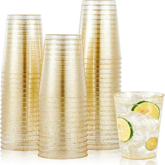 100 Pack 12 oz Gold Plastic Cups - Disposable Heavy-duty Tumblers {1}