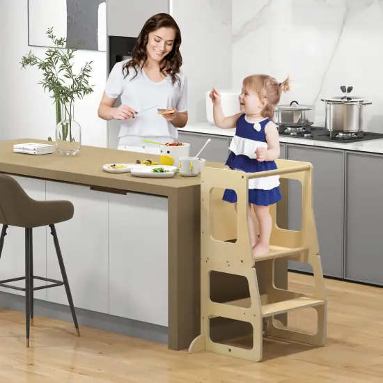 Costway 3-in-1 Foldable Kitchen Standing Tower for Toddlers with Chalkboard Weaning Table Natural {9}