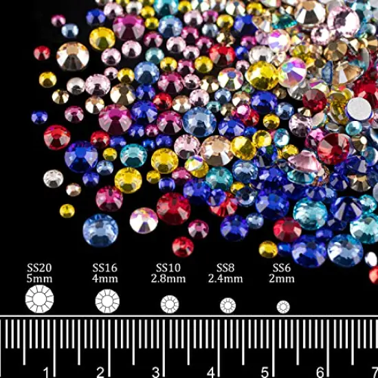 AB and Clear and Mixed Color Flatback Round Rhinestones Kit, Multi Size Glass Crystals Bead with Pickup Pencil and Tweezer for DIY Nail Art {1}
