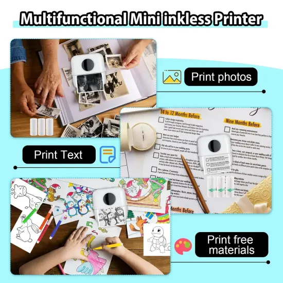 Mini Sticker Printer Bluetooth Smart Pocket Inkless Thermal Printer with 11 Rolls Thermal Paper and Sticker for iOS&Android, Portable Receipt Printer for Photo Journal Notes Memo {3}