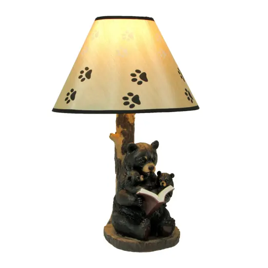 Black Bear Reading to Curious Cubs Table Lamp w/Paw Print Shade {1}