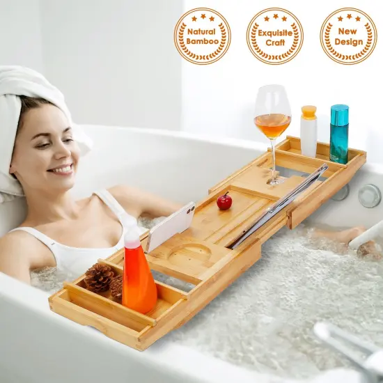 Bathtub Caddy Tray Crafted Bamboo Bath Tray Table Extendable Reading Rack Tablet Phone Holder {1}