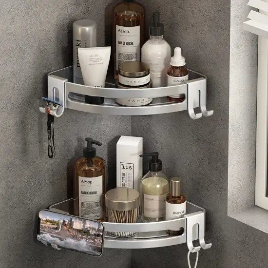 Shower Corner Shelf Caddy 2 Pack shower Organizer Corner No Drill Shower Storage Rust Proof Bathroom Corner Wall Shelf shampoo holder Silver Black {7}