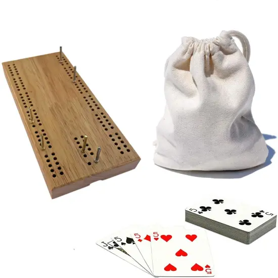 WE Games 7 Inch Travel Cribbage Set - Solid Hardwood Board with Cards and Bag {1}