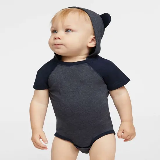 Rabbit Skins&reg; Fine Jersey Infant Short Sleeve Raglan Bodysuit with Hood & Ears Granite Heather {6}