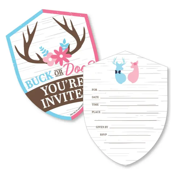 Big Dot of Happiness Buck or Doe - Shaped Fill-In Invitations - Hunting Gender Reveal Party Invitation Cards with Envelopes - Set of 12 {1}