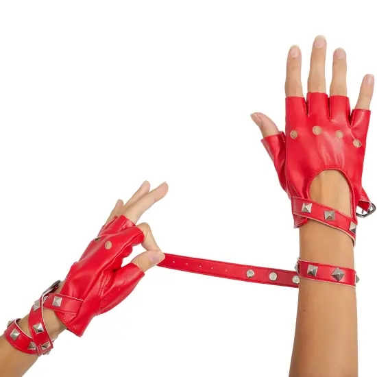 Fingerless Faux Leather Gloves - Red Biker Punk Gloves with Belt Up Closure and Rivet Design for Women and Kids {6}
