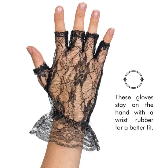 Fingerless Lace Black Gloves - Ladies and Girls Ruffled Lace Finger Free Bridal Wrist Gloves {5}