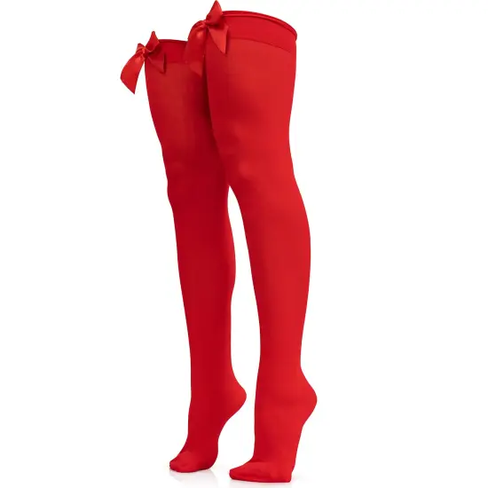 Bow Accent Thigh Highs - Red Over The Knee High Stockings with Red Satin Ribbon Bow Accent for Women and Girls {1}