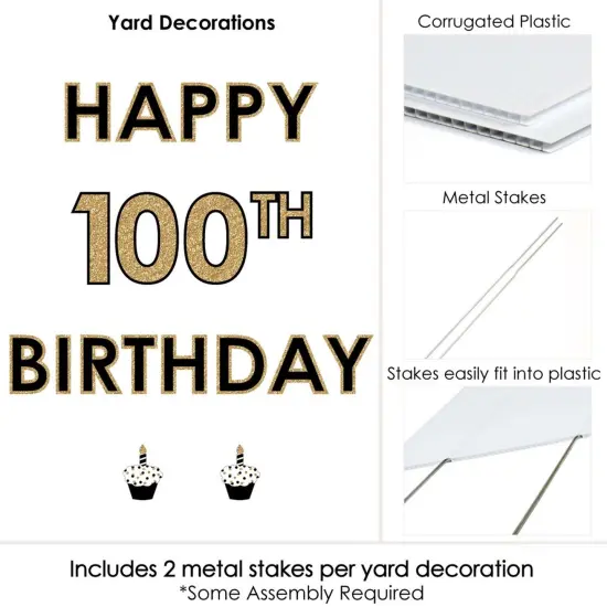 Big Dot of Happiness Adult 100th Birthday - Gold - Yard Sign Outdoor Lawn Decorations - Happy Birthday Yard Signs {6}