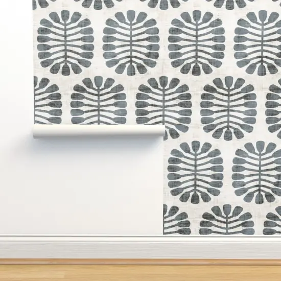 Pre-Pasted Wallpaper 2FT Wide Mid Century Nature Mod Grey Geometric Faux Linen Look Retro Botanical Custom Pre-pasted Wallpaper by Spoonflower {2}