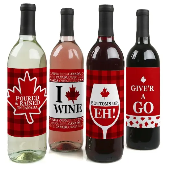 Big Dot of Happiness Canada Day - Canadian Party Decorations for Women and Men - Wine Bottle Label Stickers - Set of 4 {1}
