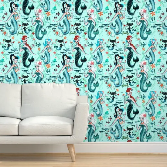 Peel & Stick Wallpaper 2FT Wide Midcentury Mod, Mermaids, Martini, Retro, Cocktail, Aqua, Cat, Starfish, Vintage, Kistch, Mod Custom Removable Wallpaper by Spoonflower {5}