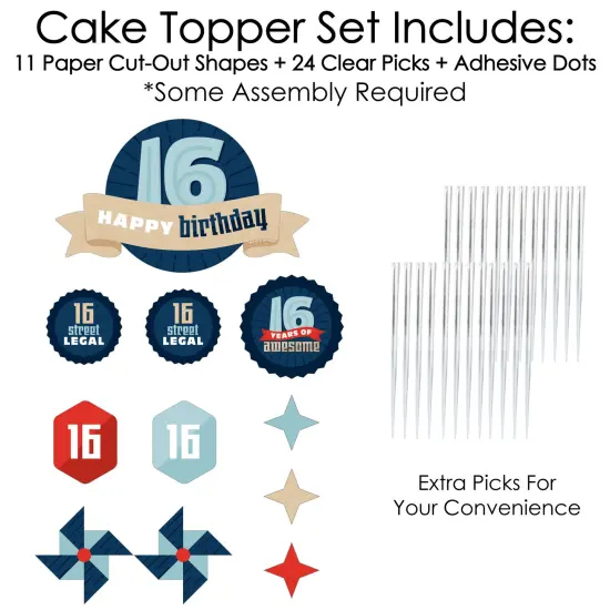 Big Dot of Happiness Boy 16th Birthday - Sweet Sixteen Birthday Party Cake Decorating Kit - Happy Birthday Cake Topper Set - 11 Pieces {4}