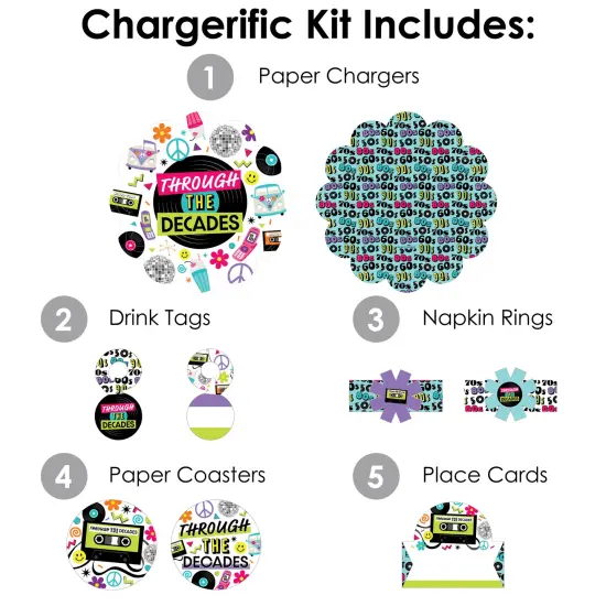 Big Dot of Happiness Through the Decades - 50s, 60s, 70s, 80s, and 90s Party Paper Charger and Table Decorations - Chargerific Kit Place Setting for 8 {4}