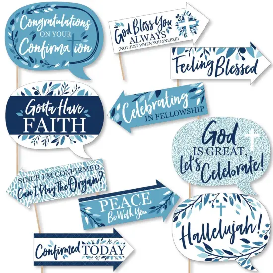 Big Dot of Happiness Funny Confirmation Blue Elegant Cross - Boy Religious Party Photo Booth Props Kit - 10 Piece {1}