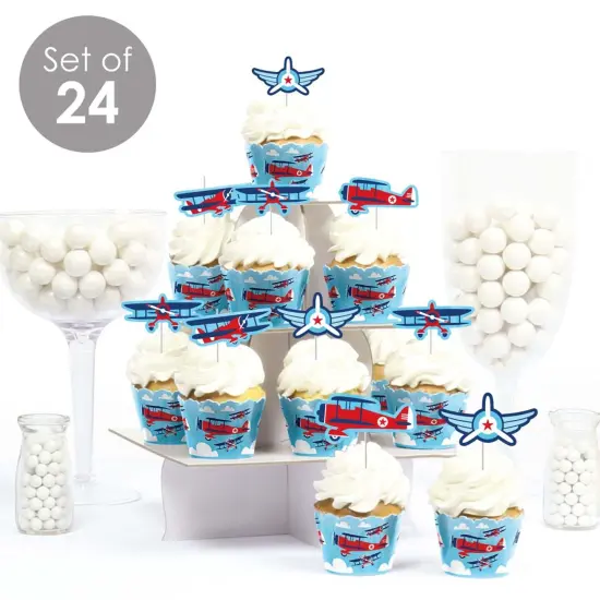 Big Dot of Happiness Taking Flight - Airplane - Cupcake Decoration - Vintage Plane Party - Cupcake Wrappers and Treat Picks Kit - Set of 24 {3}