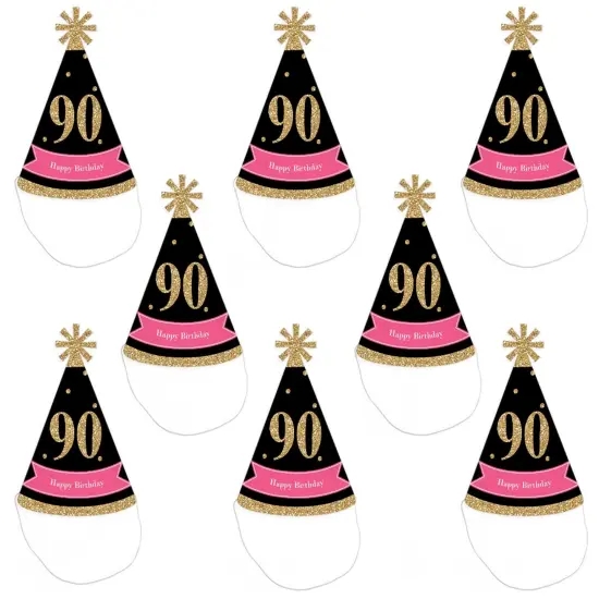 Big Dot of Happiness Chic 90th Birthday - Pink, Black and Gold - Cone Happy Birthday Party Hats for Adults - Set of 8 (Standard Size) {7}