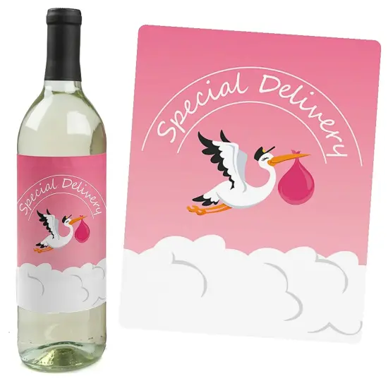 Big Dot of Happiness Girl Special Delivery - Pink It's A Girl Stork Baby Shower Decorations for Women and Men - Wine Bottle Label Stickers - Set of 4 {4}