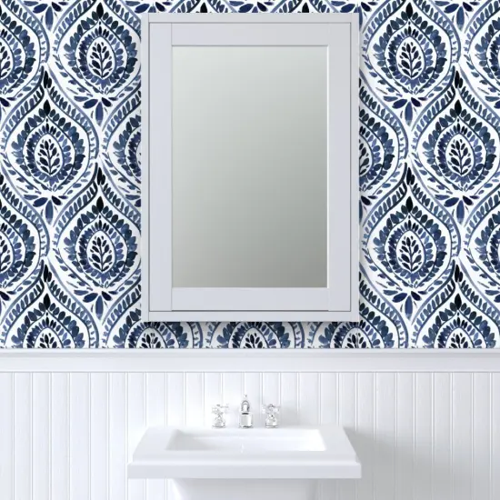 Peel & Stick Wallpaper 2FT Wide Bohemian Leaf Mandala Dark Indigo Blue Boho Botanical Leaves Custom Removable Wallpaper by Spoonflower {6}