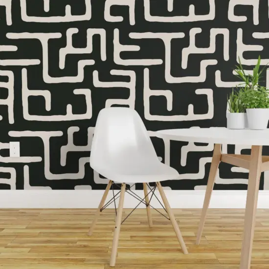 Pre-Pasted Wallpaper 2FT Wide African Geometric Abstract Lines Beige Geo Modern Mod Dark Green Custom Pre-pasted Wallpaper by Spoonflower {1}