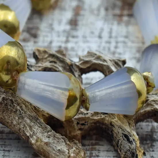 *8* 8x15mm Gold Tipped Milky White Picasso Faceted Drop Beads {6}