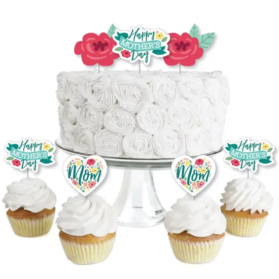 Big Dot of Happiness Colorful Floral Happy Mother's Day - Dessert Cupcake Toppers - We Love Mom Party Clear Treat Picks - Set of 24 {1}
