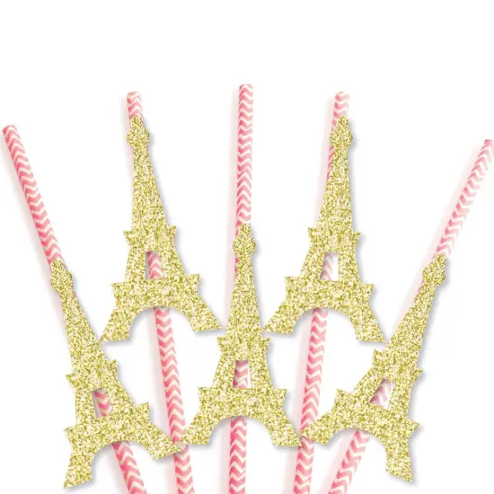 Big Dot of Happiness Gold Glitter Eiffel Tower Party Straws - No-Mess Real Glitter Cut-Outs & Baby Shower or Birthday Party Paper Straws - Set of 24 {4}