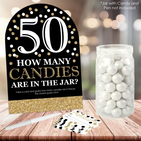 Big Dot of Happiness Adult 50th Birthday - Gold - How Many Candies Birthday Party Game - 1 Stand and 40 Cards - Candy Guessing Game {3}