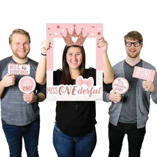Big Dot of Happiness 1st Birthday Little Miss Onederful - Girl First Birthday Selfie Photo Booth Picture Frame and Props - Printed on Sturdy Material {1}