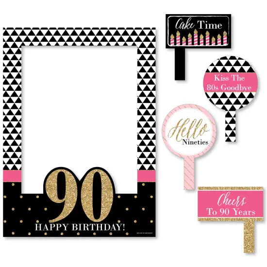 Big Dot of Happiness Chic 90th Birthday - Pink, Black and Gold - Birthday Party Selfie Photo Booth Picture Frame & Props - Printed on Sturdy Material {7}