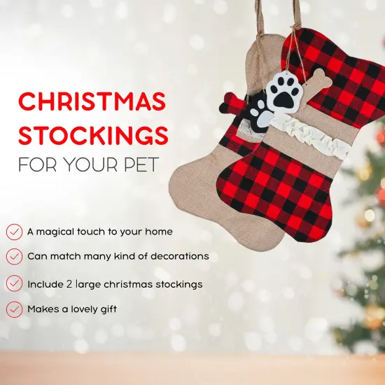 Ornativity Christmas Plaid Pet Stocking - Cute Buffalo Plaid Doggy Bone Paw Stockings for Puppy Dog Pets Set - Pack of 2 {6}
