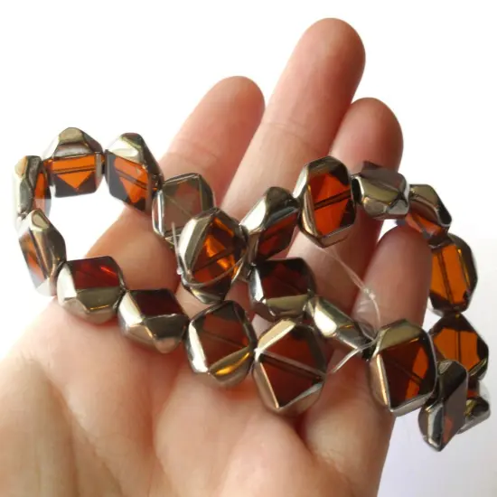 22 14mm Silver Rimmed Glass Brown Octagon Window Beads {3}