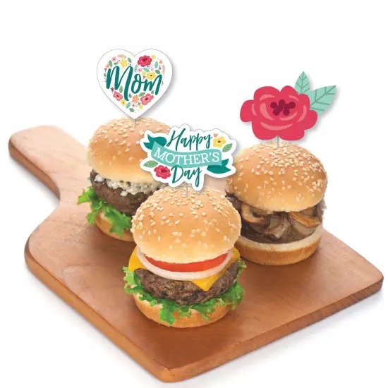 Big Dot of Happiness Colorful Floral Happy Mother's Day - Dessert Cupcake Toppers - We Love Mom Party Clear Treat Picks - Set of 24 {4}