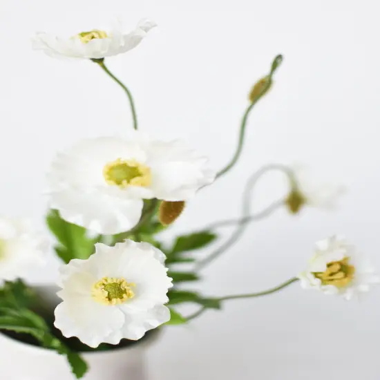 15" Faux Poppy Stem White Bush {4}