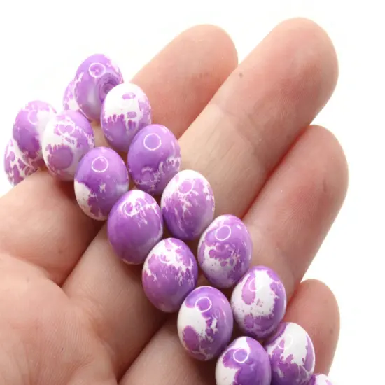 40 10mm White with Purple Round Glass Splatter Paint Beads {5}
