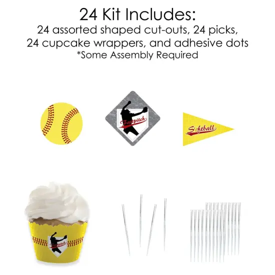 Big Dot of Happiness Grand Slam - Fastpitch Softball - Cupcake Decor - Birthday Party or Baby Shower Cupcake Wrappers and Treat Picks Kit - Set of 24 {6}