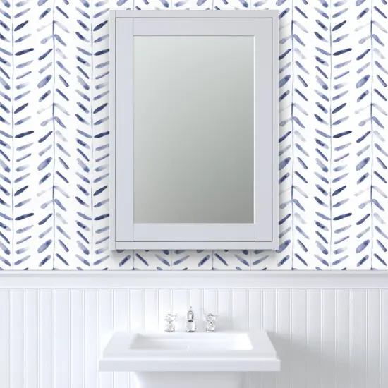 Pre-Pasted Wallpaper 2FT Wide Herringbone Hand Drawn Painterly White Blue Shibori Inspired Geometric Indigo Large Scale Simple Basic Custom Pre-pasted Wallpaper by Spoonflower {6}