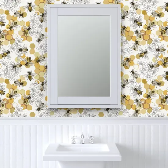 Pre-Pasted Wallpaper 2FT Wide Endangered Species Honey Bee Flowers Honeycomb Hexagon Floral Apiary Insects Bugs Custom Pre-pasted Wallpaper by Spoonflower {6}