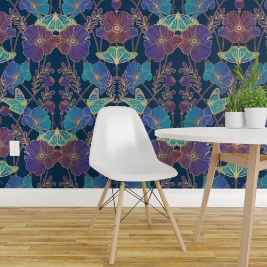 Pre-Pasted Wallpaper 2FT Wide Jewel Tone Poppies Art Nouveau Poppy And Butterfly Blue Aqua Purple Large Scale Floral Custom Pre-pasted Wallpaper by Spoonflower {1}