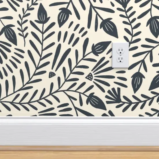 Pre-Pasted Wallpaper 2FT Wide Folk Vines Floral Beige Deep Navy Simple Nature Botanical Farmhouse Custom Pre-pasted Wallpaper by Spoonflower {4}