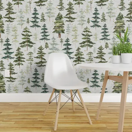 Pre-Pasted Wallpaper 2FT Wide Night Sky Forest Soft Gray Stars Woodland Trees Winter Custom Pre-pasted Wallpaper by Spoonflower {1}