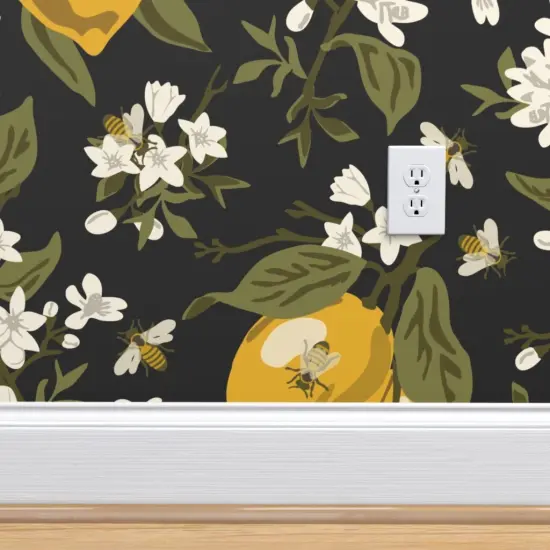 Peel & Stick Wallpaper 2FT Wide Bees Lemons Black Large Modern Citrus Traditional Custom Removable Wallpaper by Spoonflower {4}