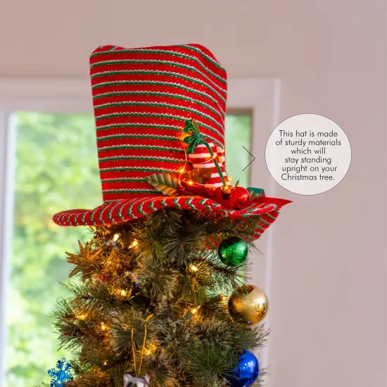 Ornativity Snowman Hat Tree Topper - Snow Man Winter Holiday Top Hat Christmas Tree Top Decoration with Red Ornament Berry Balls, Mistletoe Holly and Candy Decorations and LED Lights {3}